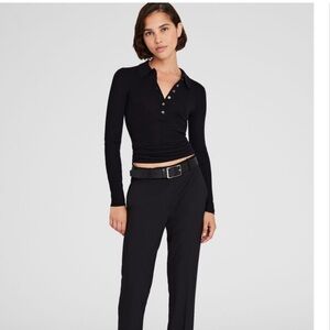 Minnie Rose polo sweater black ribbed with silk size small